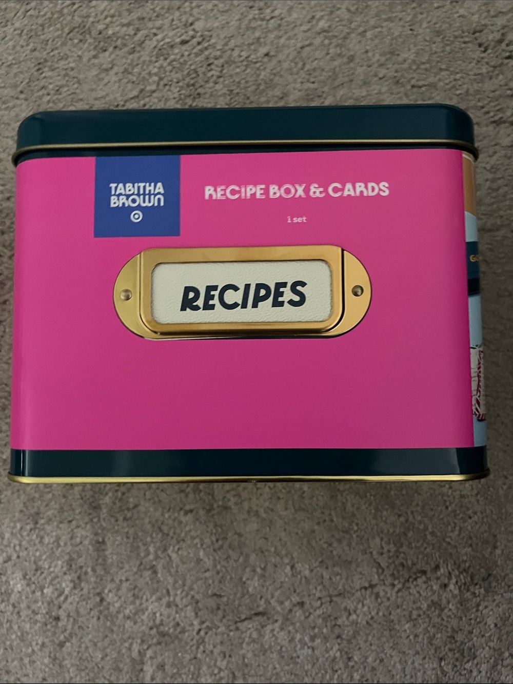 Tabitha Pink & Navy Recipe Tin with Gold Label